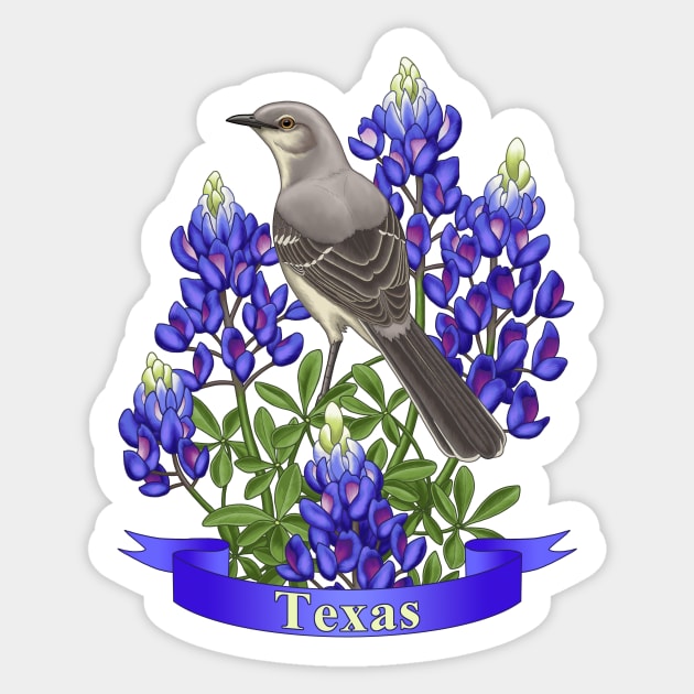 Texas State Mockingbird and Bluebonnet Flower Sticker by csforest